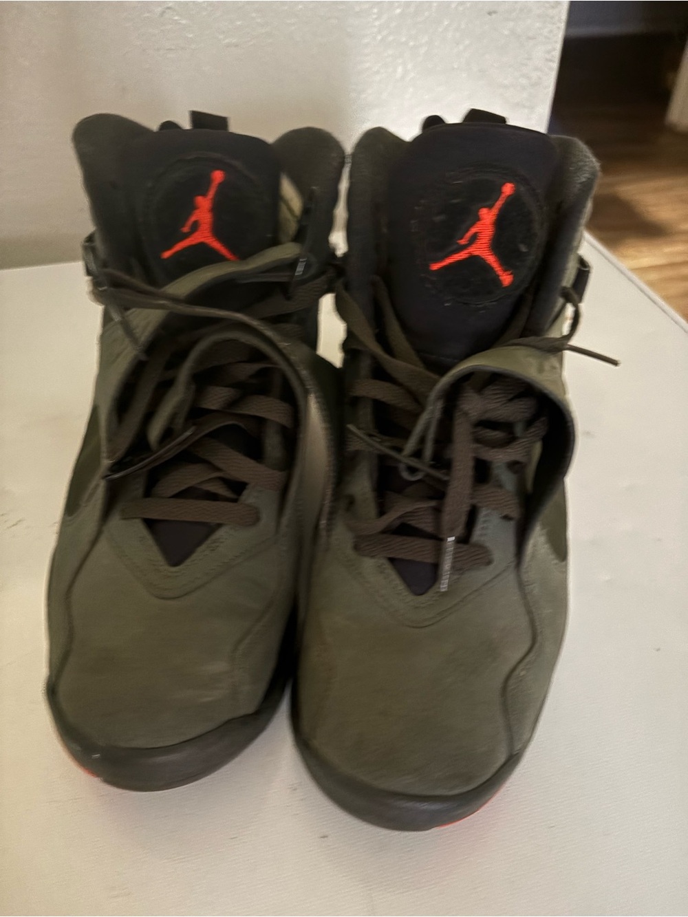 Jordan Olive Green High-Top Sneakers with Red Jumpman